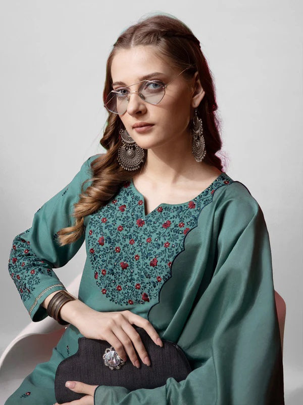 Womens Teal Embroidered Cotton Blend Kurta Pant Set With Dupatta