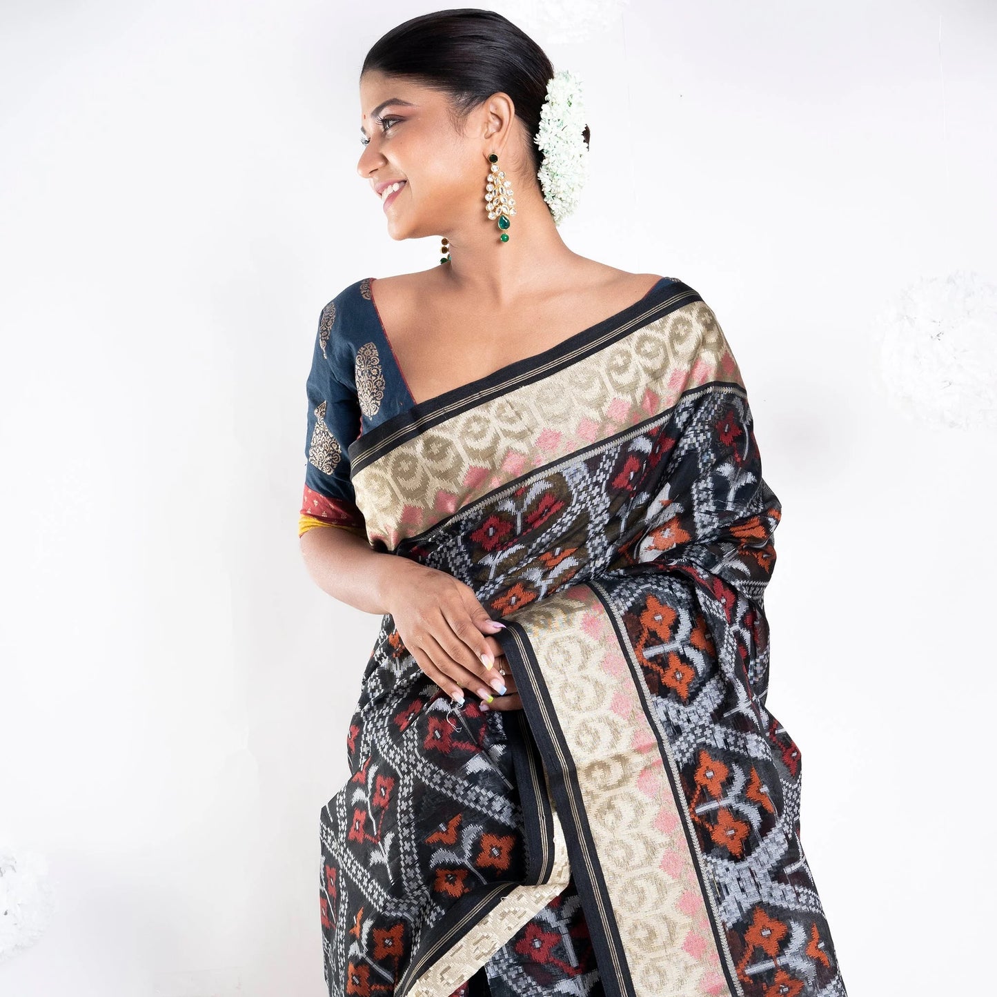 Women Varanasi Chanderi Saree In Black Color With Tree Motifs And Golden Border