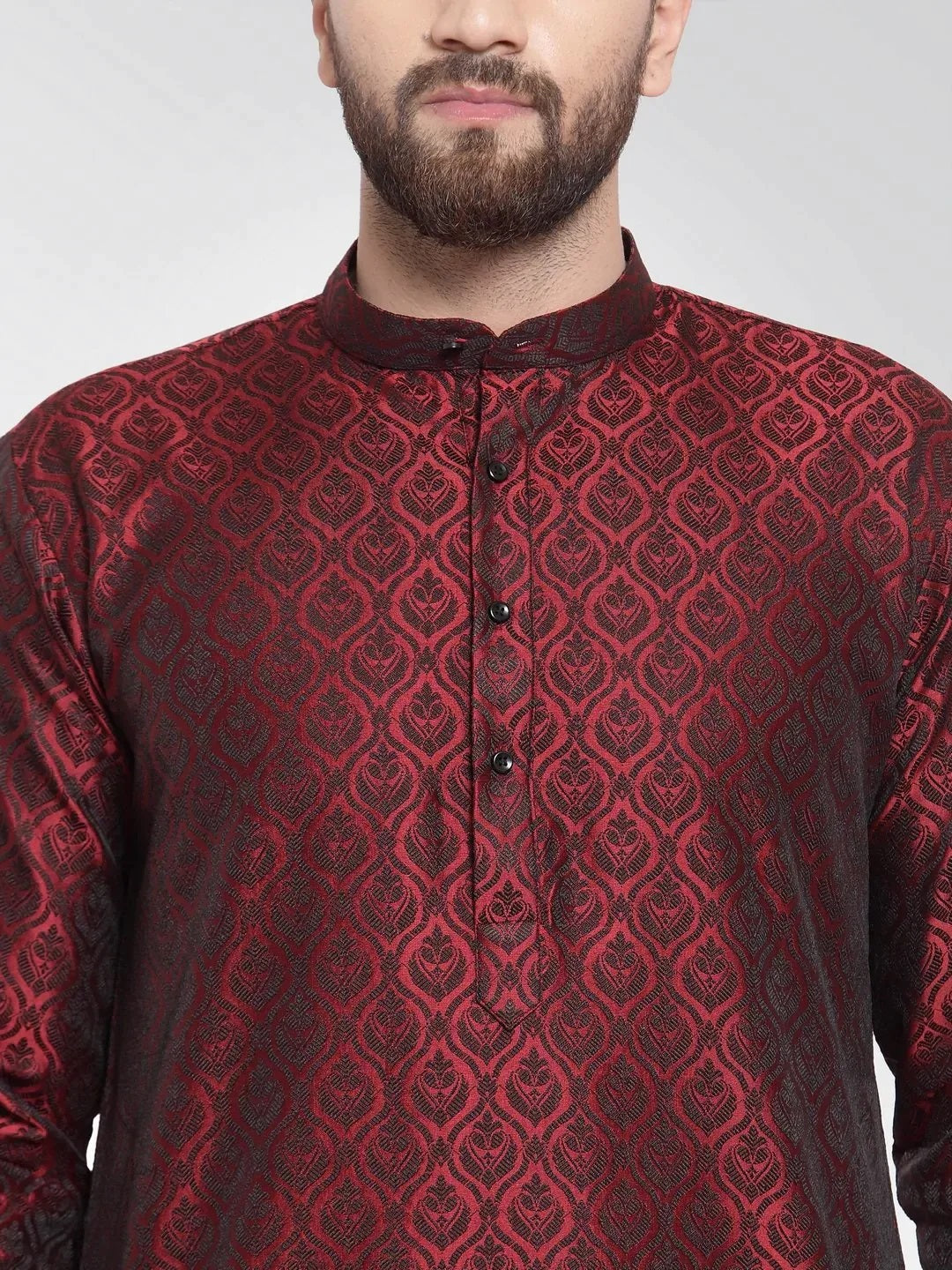 Men Maroon-Colored & Black Self Design Kurta With Churidar