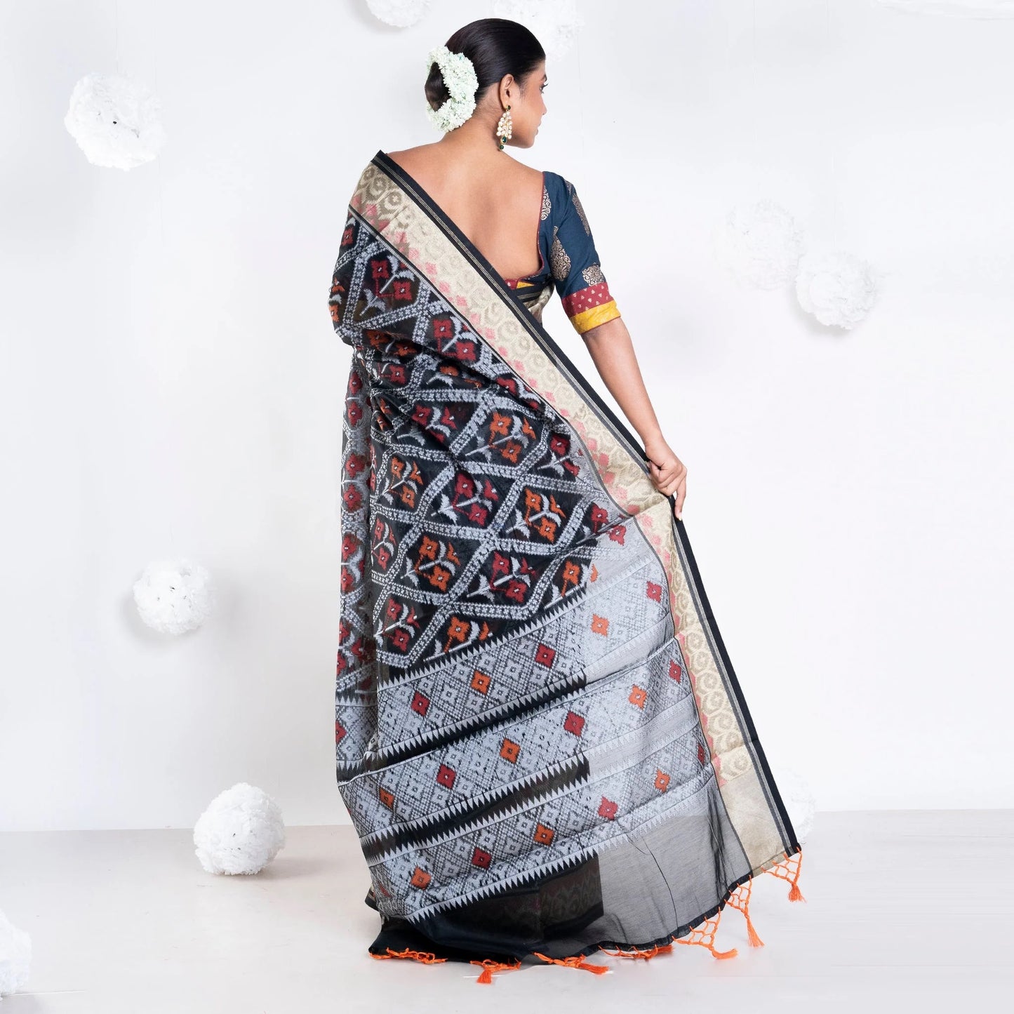 Women Varanasi Chanderi Saree In Black Color With Tree Motifs And Golden Border