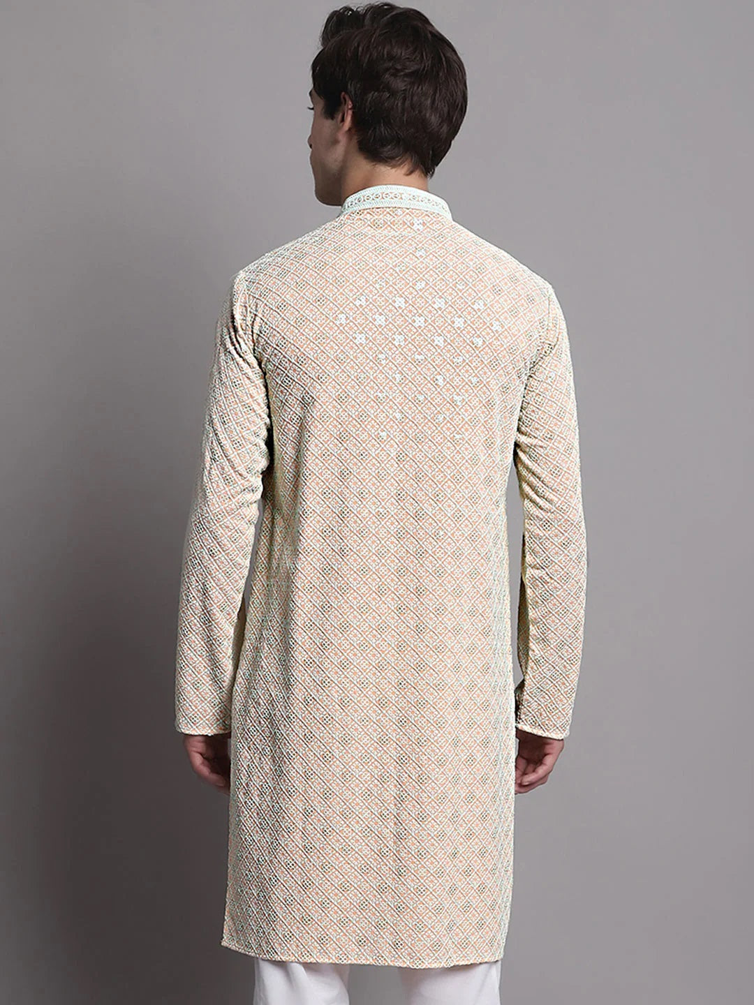 Men'S Peach Chikankari Embroidered And Sequence Kurta With Pyjama.