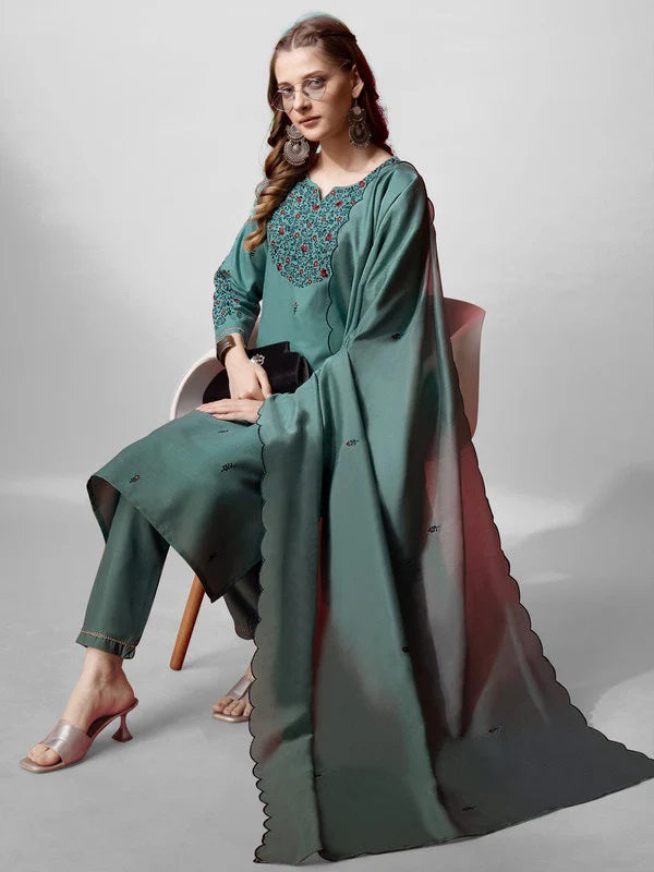 Womens Teal Embroidered Cotton Blend Kurta Pant Set With Dupatta