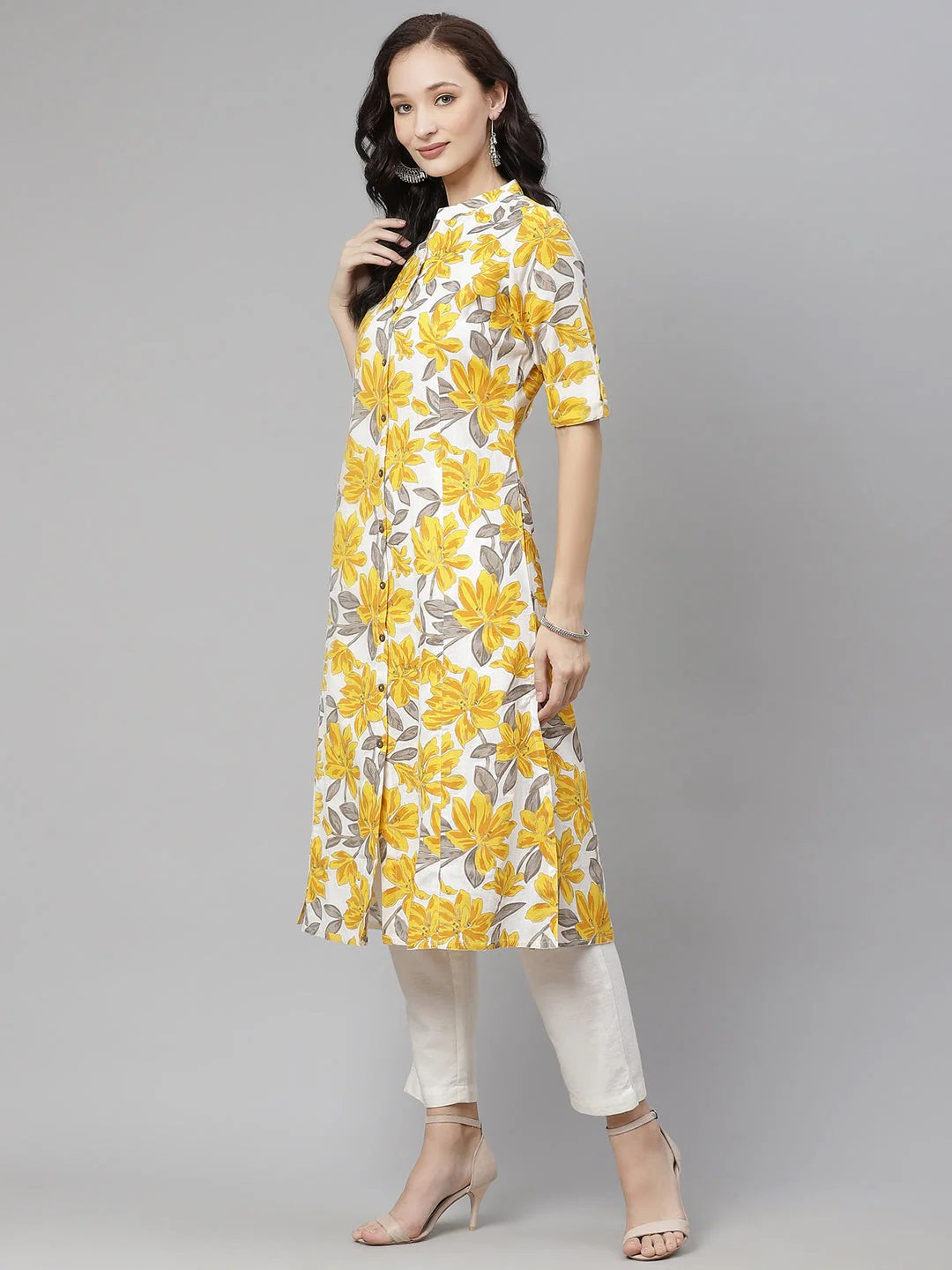 Women's Yellow Floral Print Pure Cotton A-line Kurta