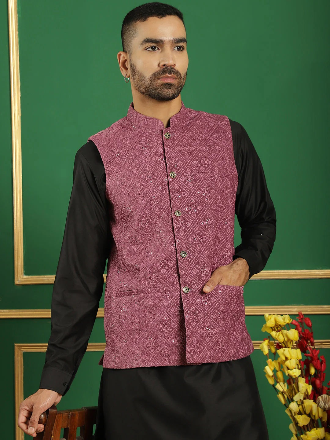 Men'S Velvet Nehru Jacket With Solid Kurta Pyjama