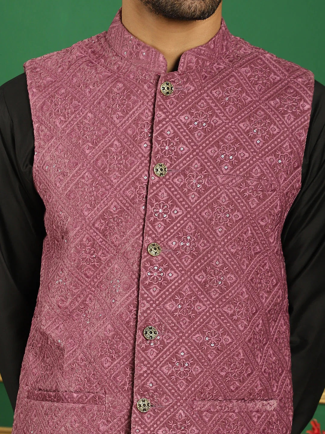 Men'S Velvet Nehru Jacket With Solid Kurta Pyjama
