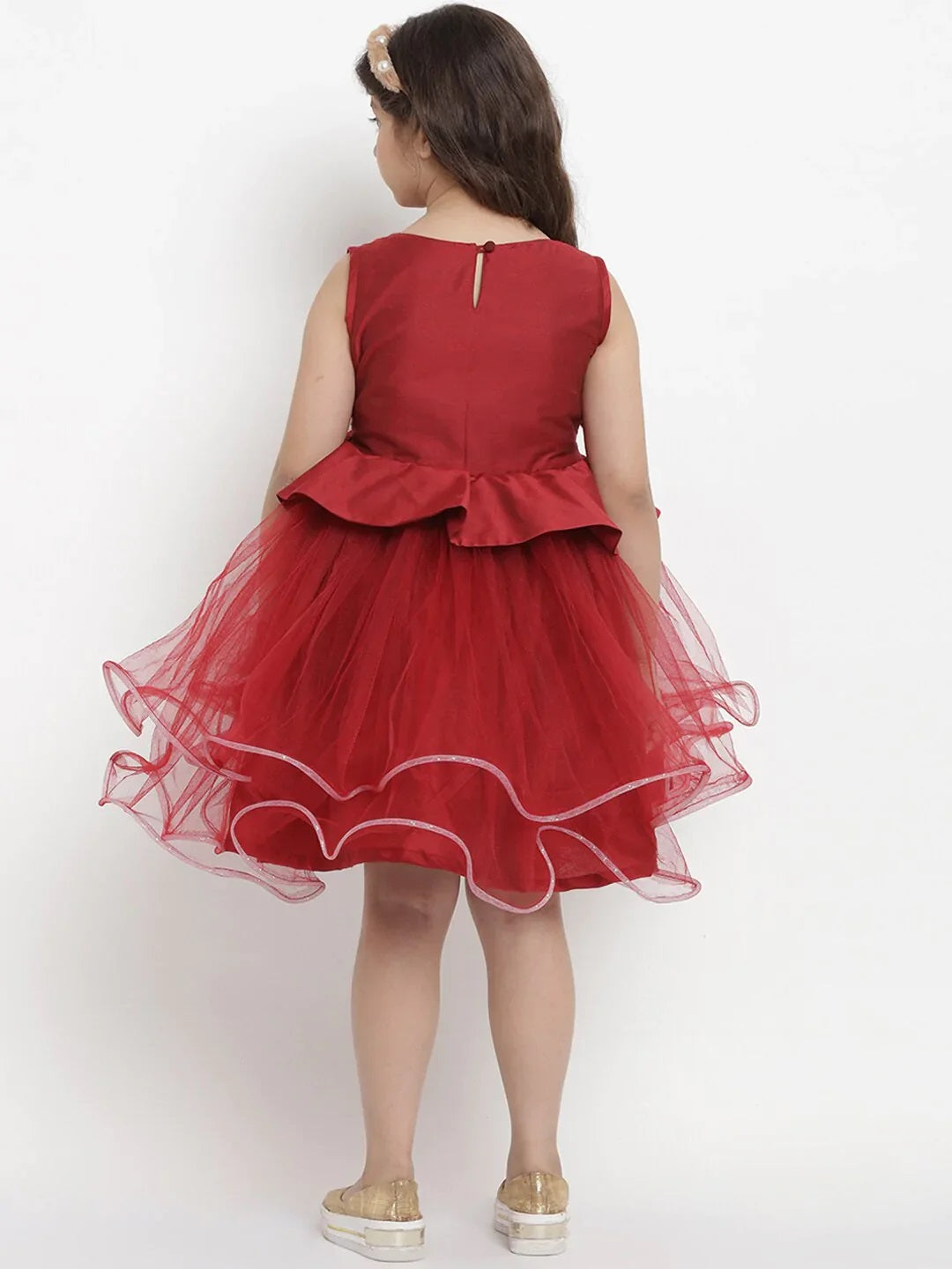 Girls Maroon Solid Fit And Flare Dress