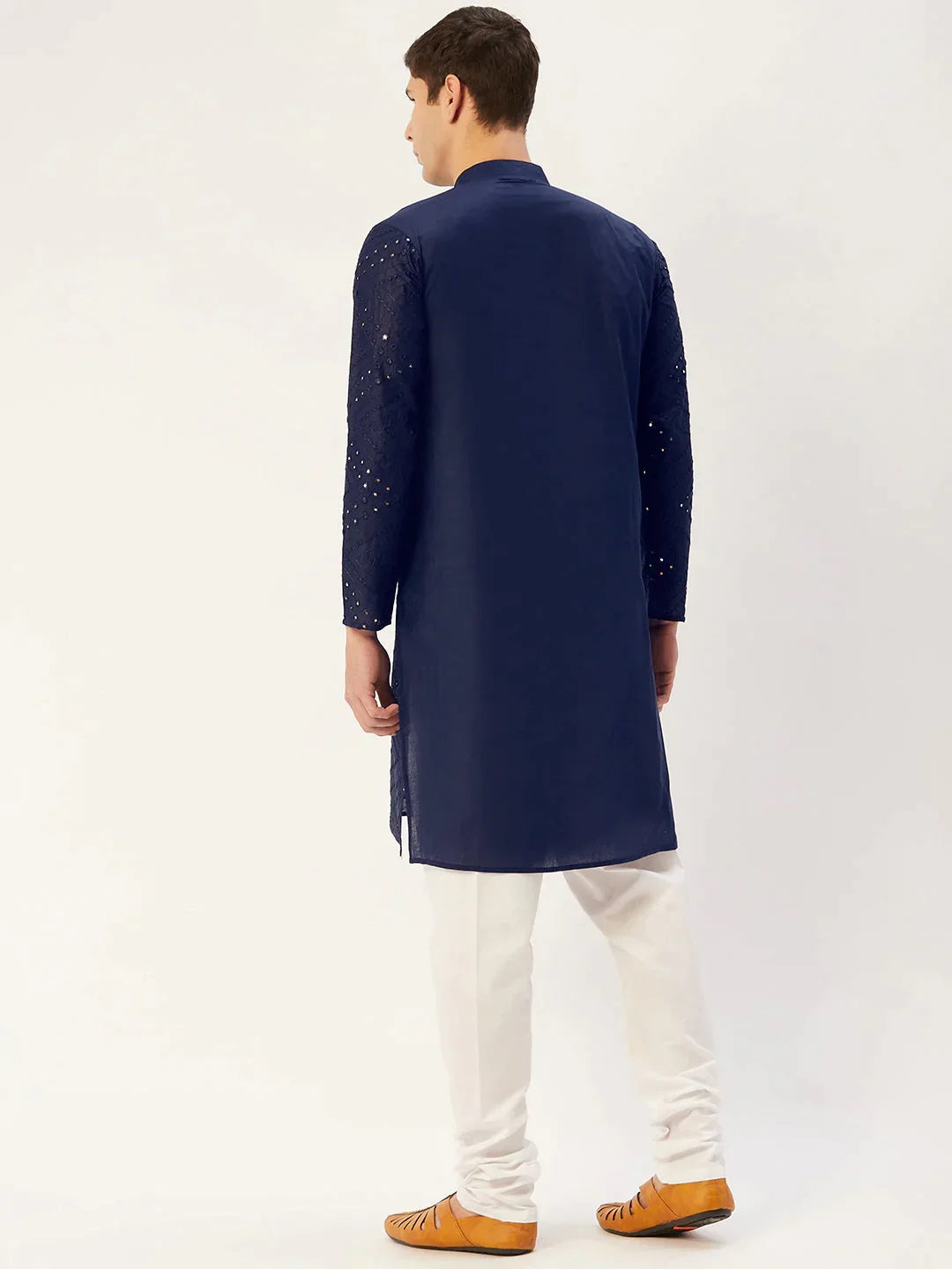 Men'S Navy Embroidered Mirror Work Kurta Only
