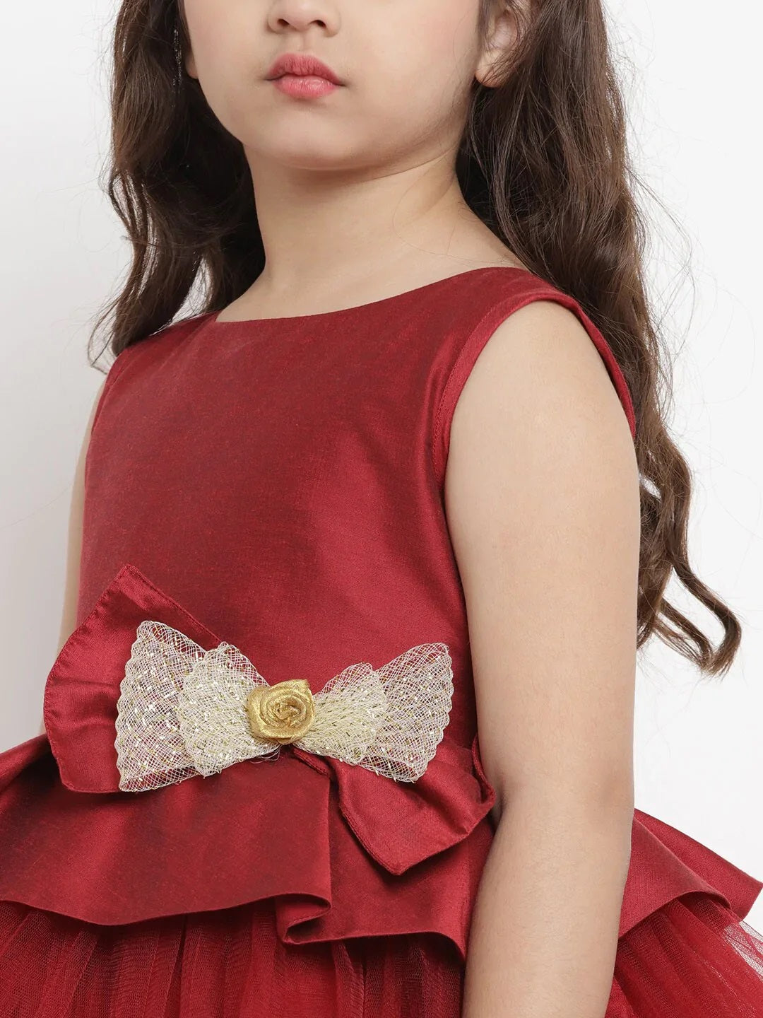 Girls Maroon Solid Fit And Flare Dress