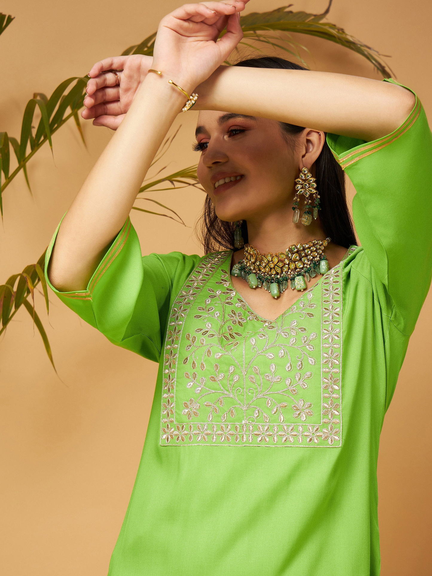 Women Green Gota Embroidered Kurta with Pants
