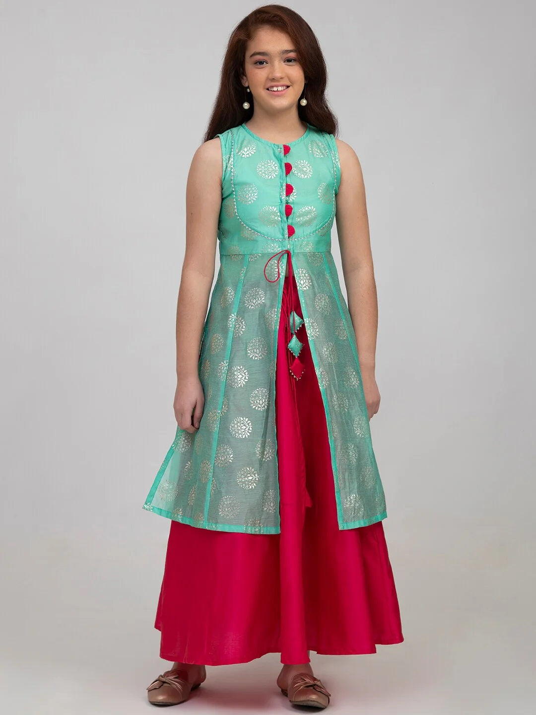 Girls Sea Green & Pink Printed Foil Print Ready To Wear Lehenga Choli
