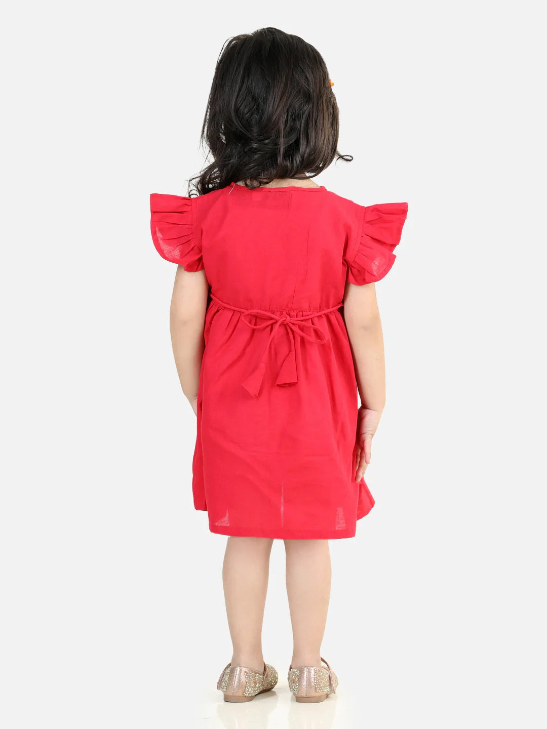 100% Cotton Lotus Embroidery Frock And Dresses For Girls-Red