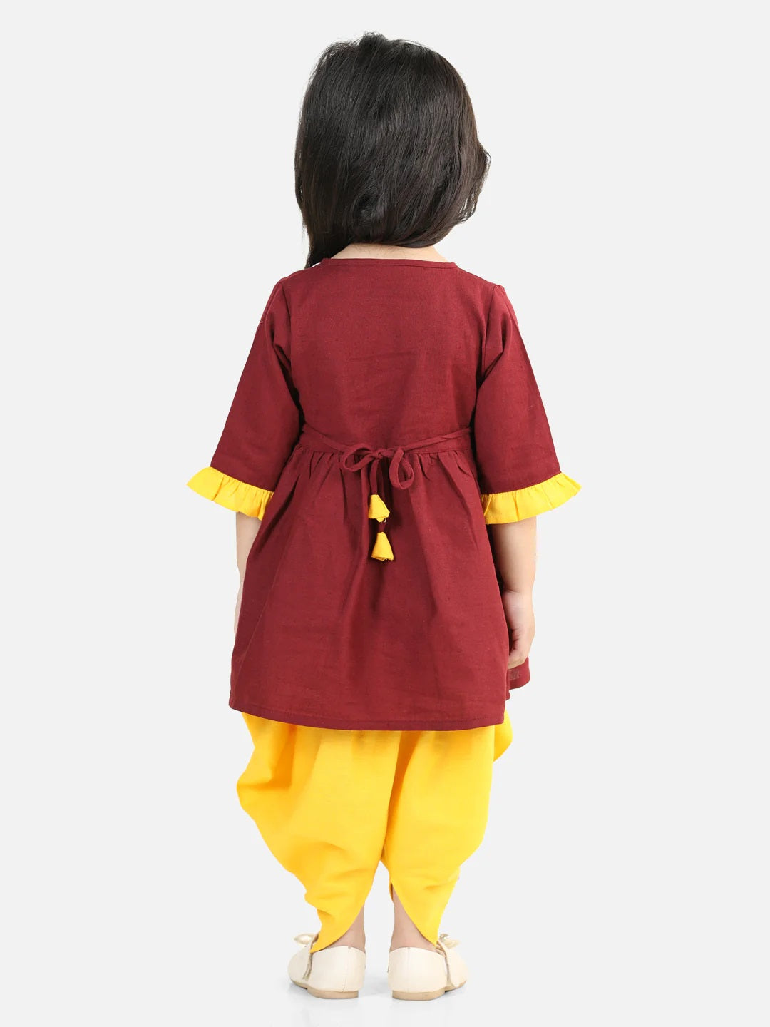 100% Cotton Kurti Dhoti Indo Western Ethnic Set For Baby Girls- Maroon Yellow