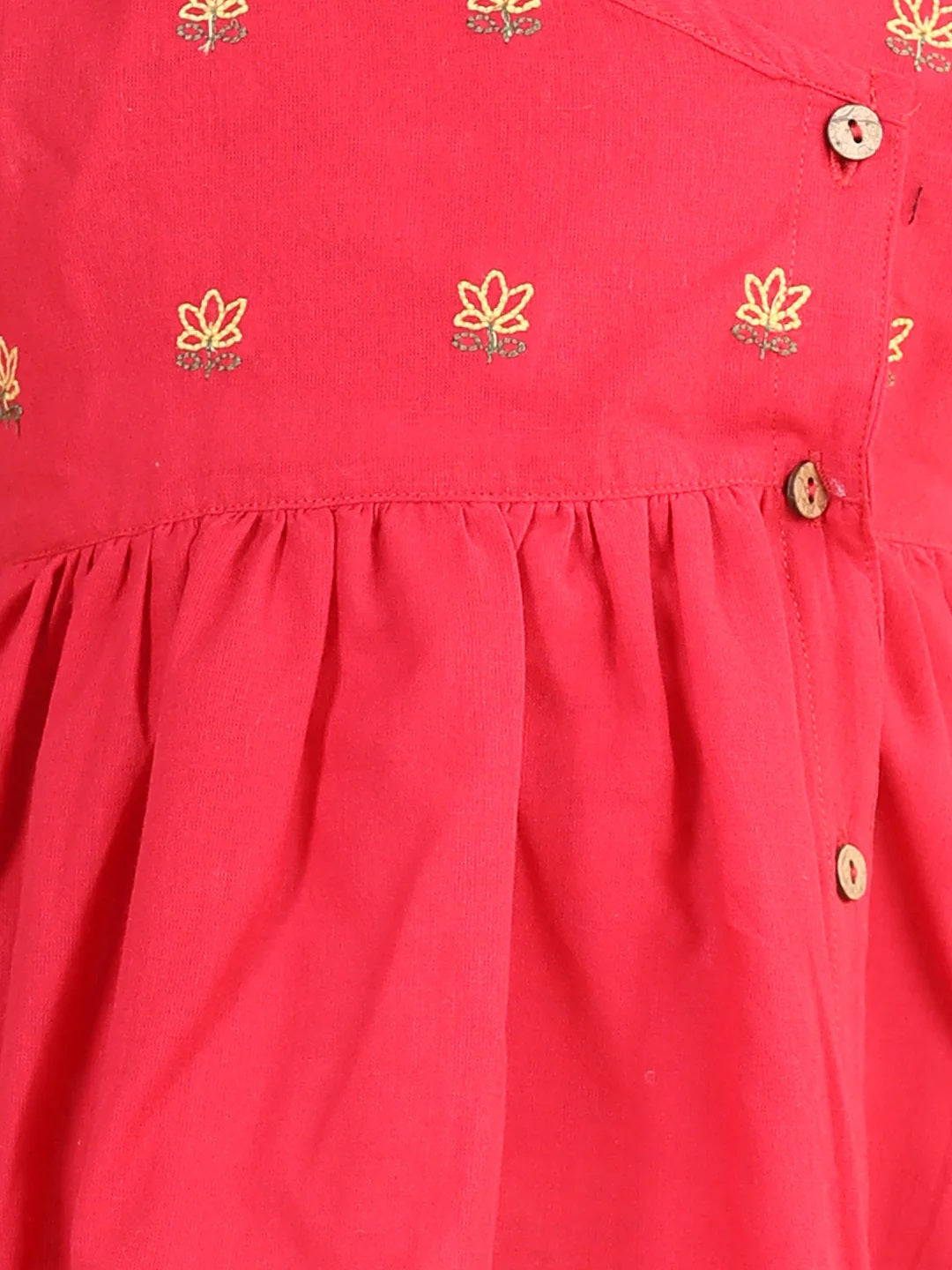 100% Cotton Lotus Embroidery Frock And Dresses For Girls-Red