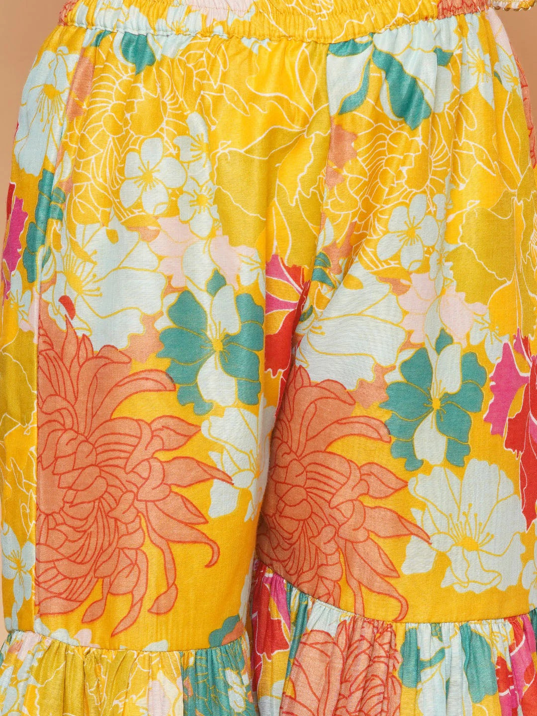 Girls Yellow Multi Floral Angrakha Gotta Patti Kurta Sharara set With Dupatta