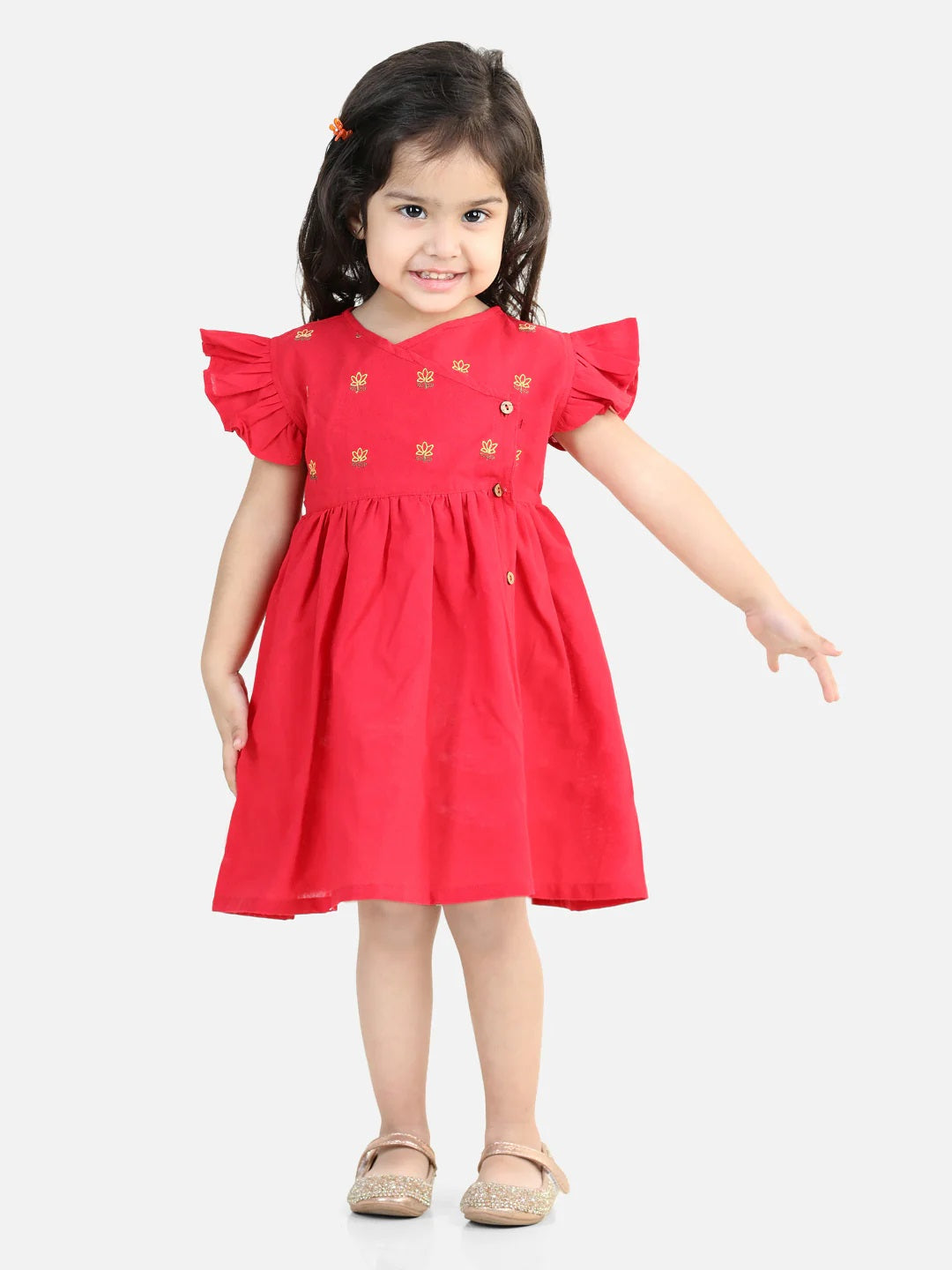 100% Cotton Lotus Embroidery Frock And Dresses For Girls-Red