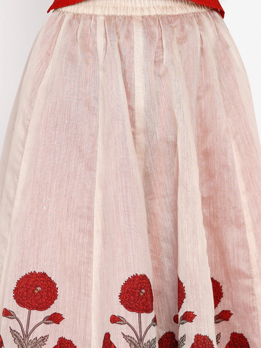 Girls Red & Off White Block Print Ready To Wear Lehenga Choli