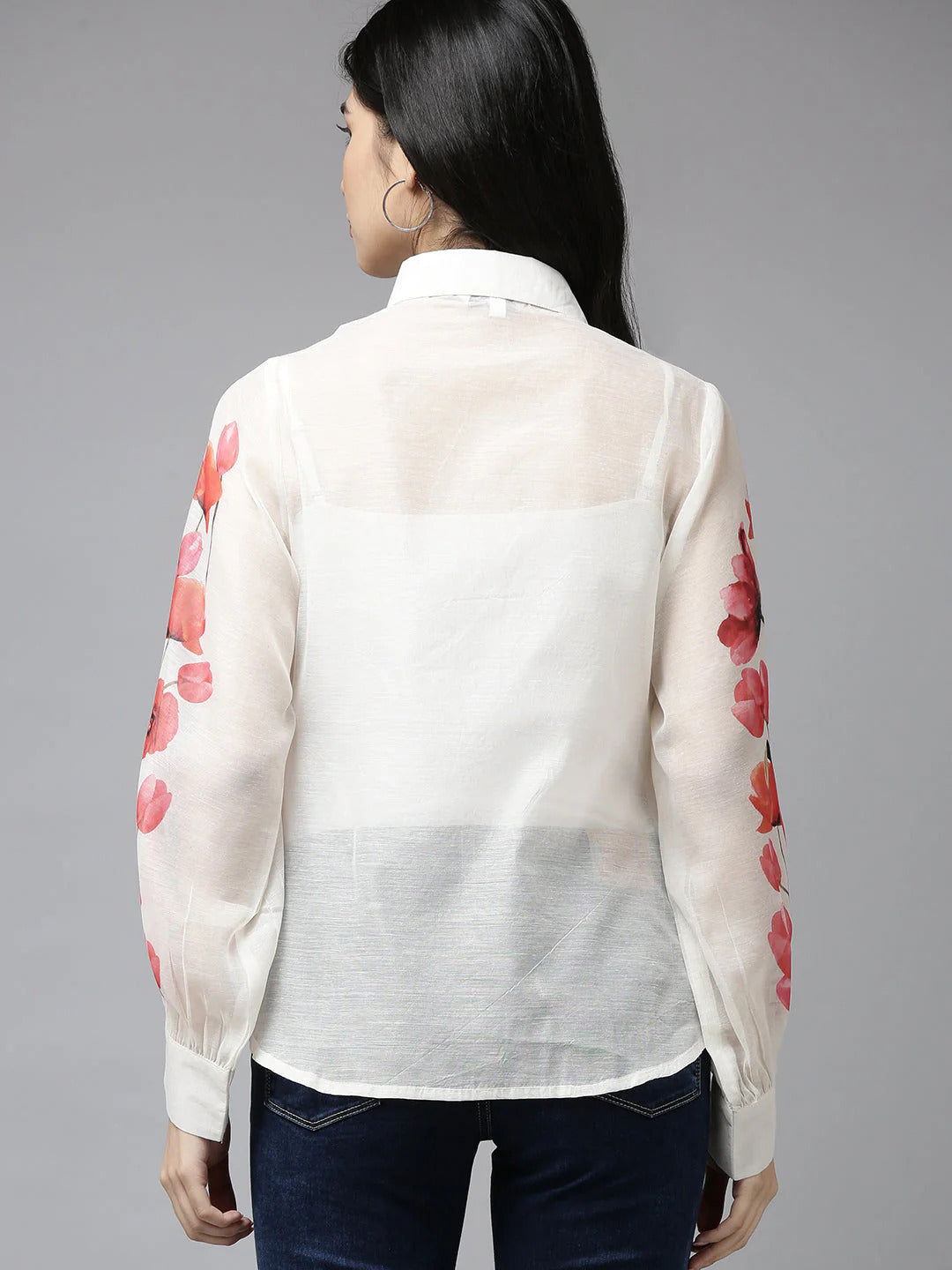 White & Red Floral Detail Ruffles Shirt Style Top