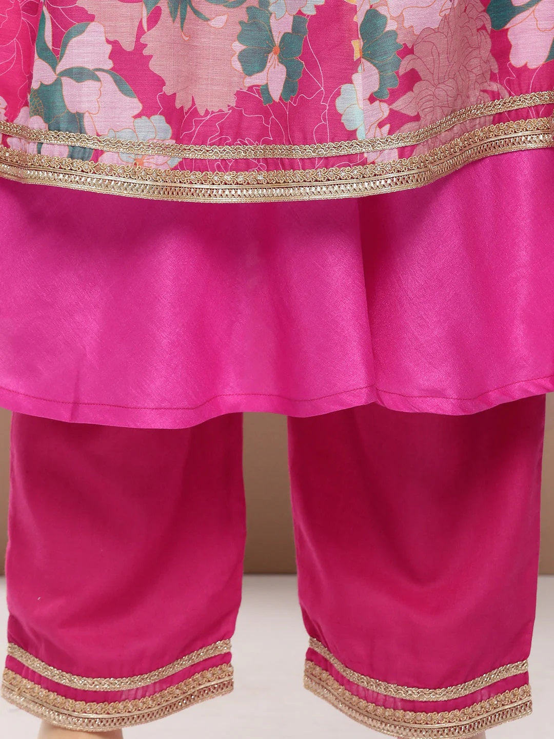 Pink Floral Print A- Line Kurta With Lace Detailing & Pink Solid Palazzo With Lace Detailing.