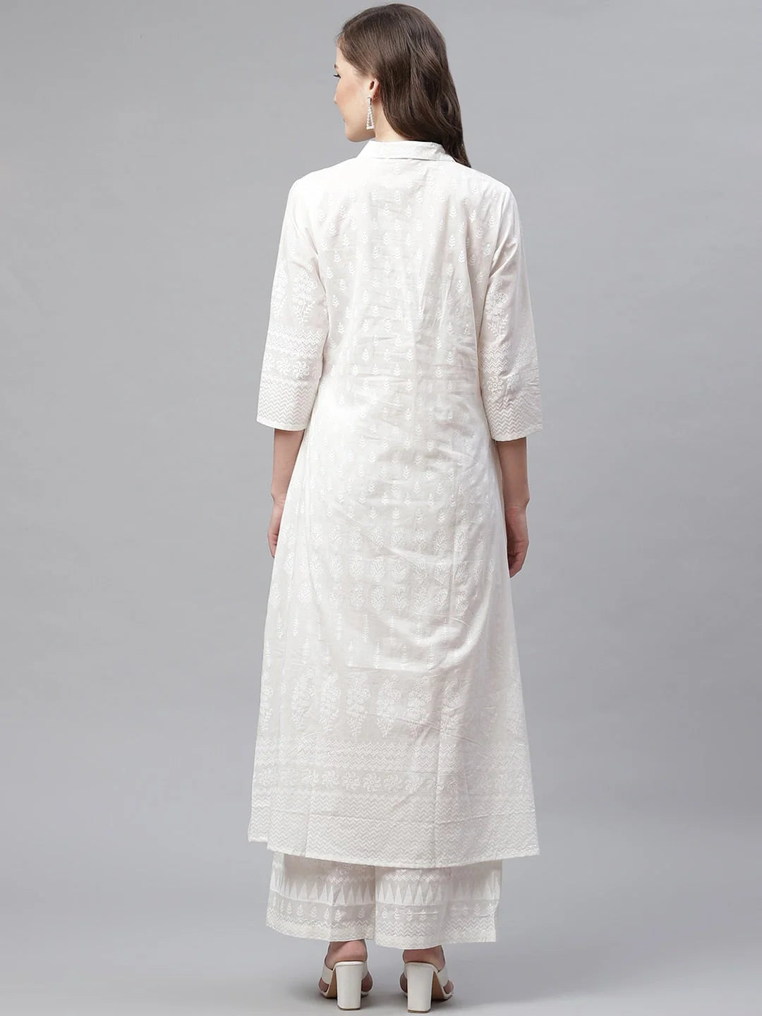 Women's White Printed Cotton Kurti With Palazzo
