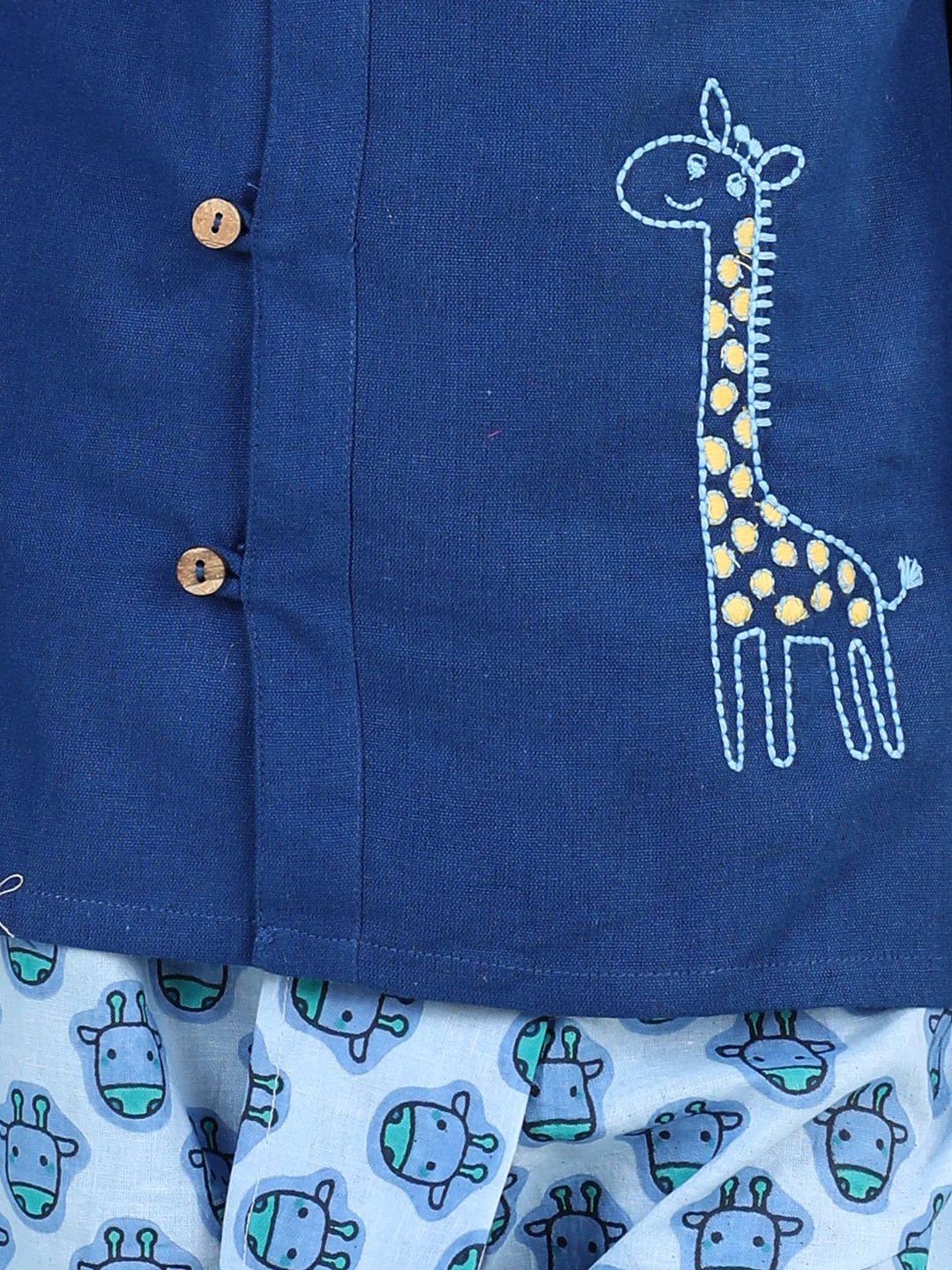100% Cotton Embroidery Kurta With Printed Dhoti For Boys- Blue
