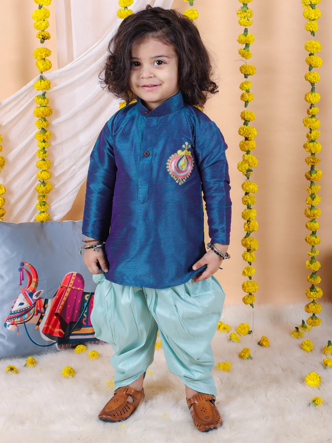 Boys Hand Embroidered Silk Kurta Sherwani- Blue