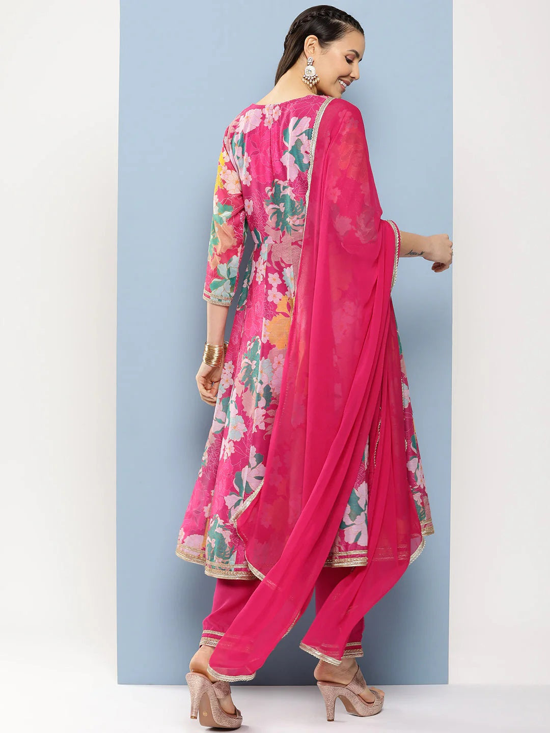Pink Floral Print A- Line Kurta With Lace Detailing & Pink Solid Palazzo With Lace Detailing.