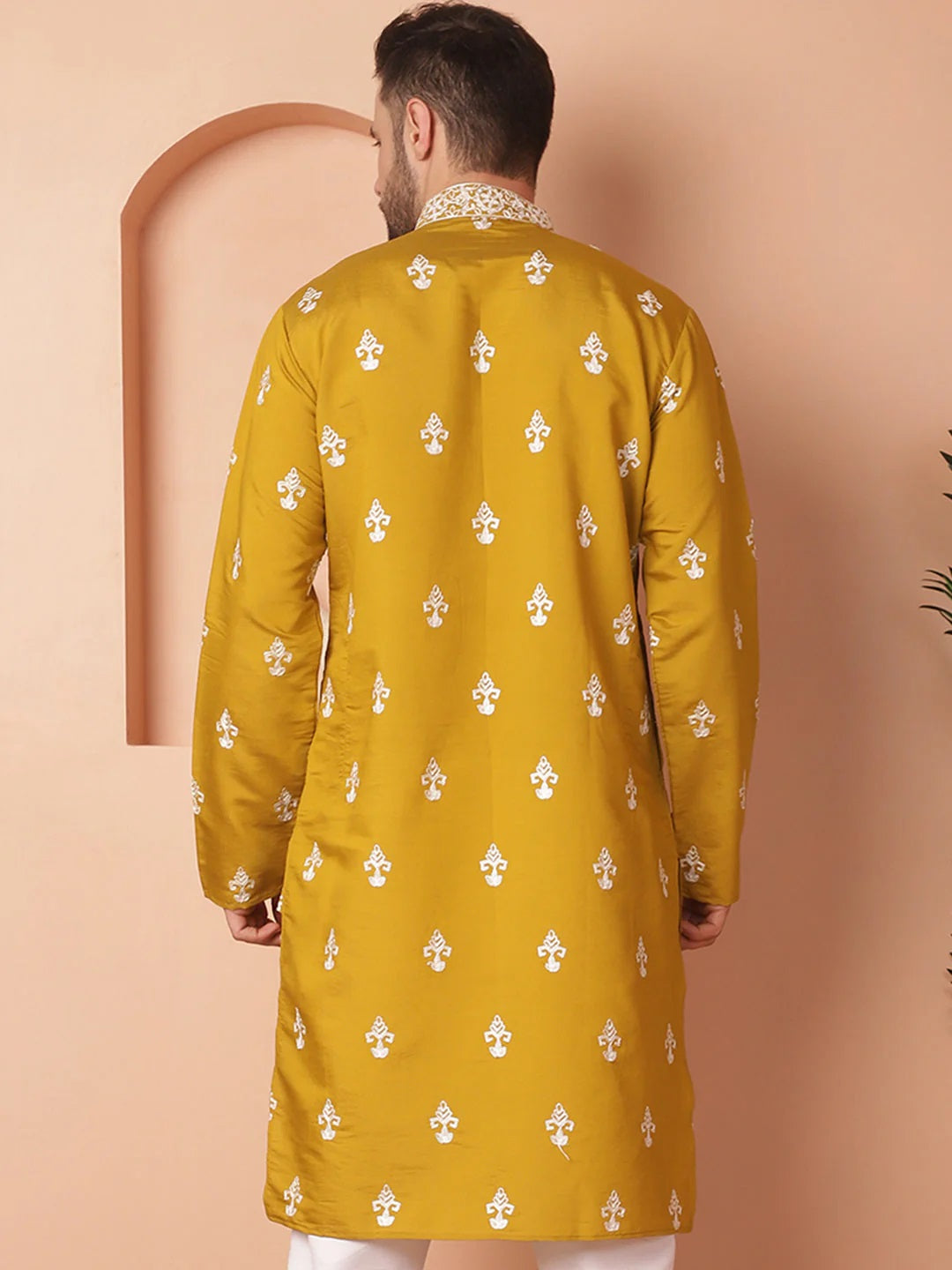 Men'S Mustard Chikankari Embroidered Kurta With Pyjama