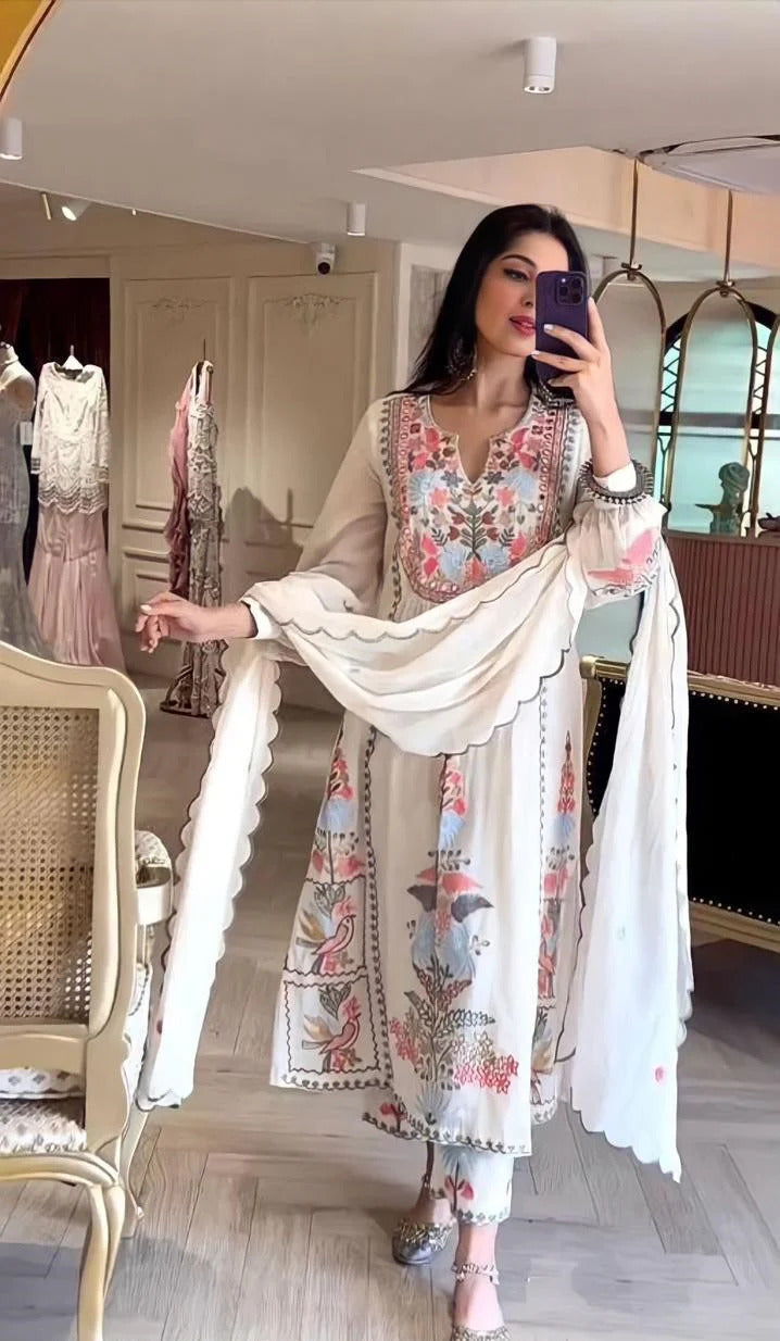 Party Wear Embroidery Worked Kurta With Pant And Dupatta Set