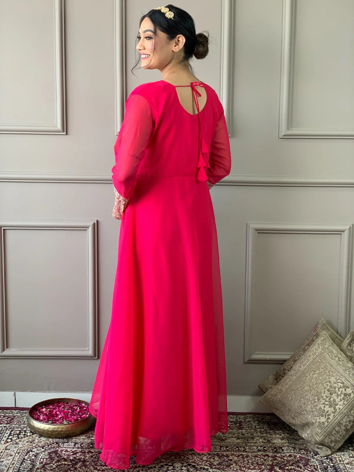 Women Party Wear Embroidery Worked Kurta With Pant And Dupatta Set ( Pink)Georgette