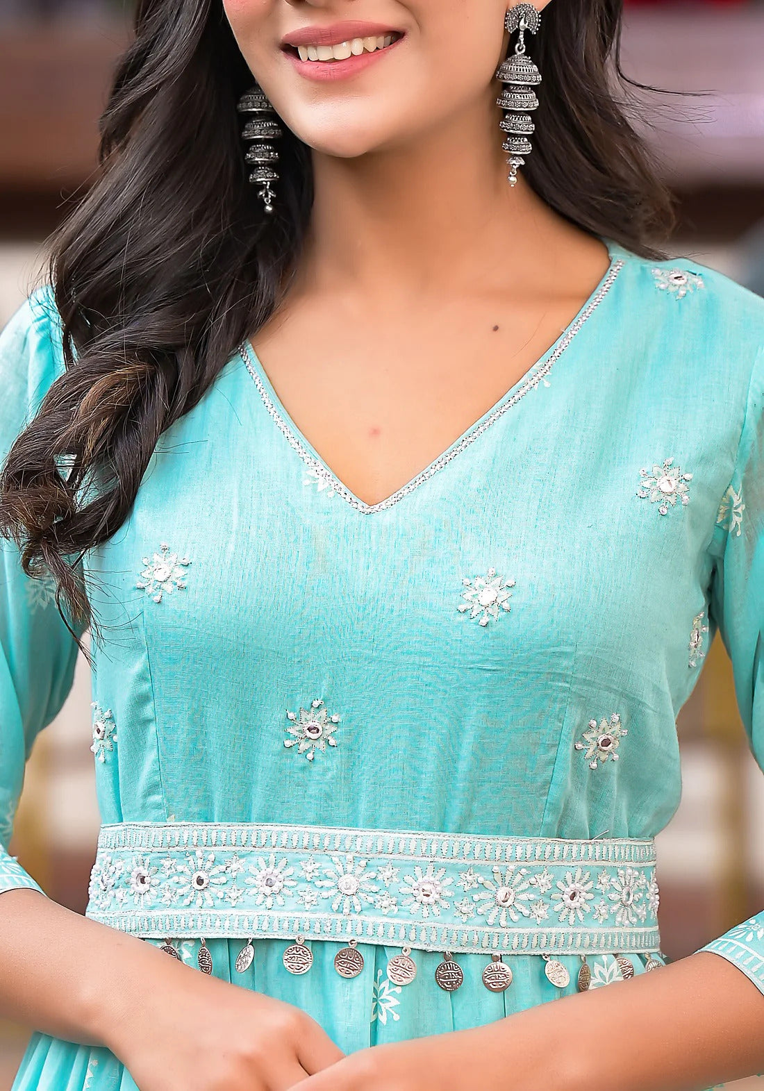 Women Floral Embroidered Gathered Tiered Cotton Fit Flare Ethnic Dress