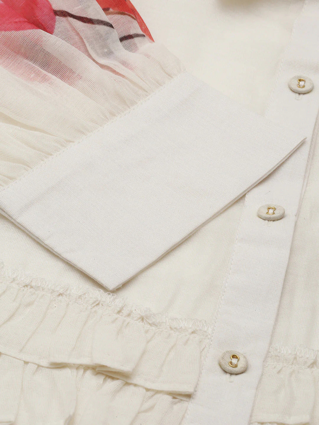 White & Red Floral Detail Ruffles Shirt Style Top