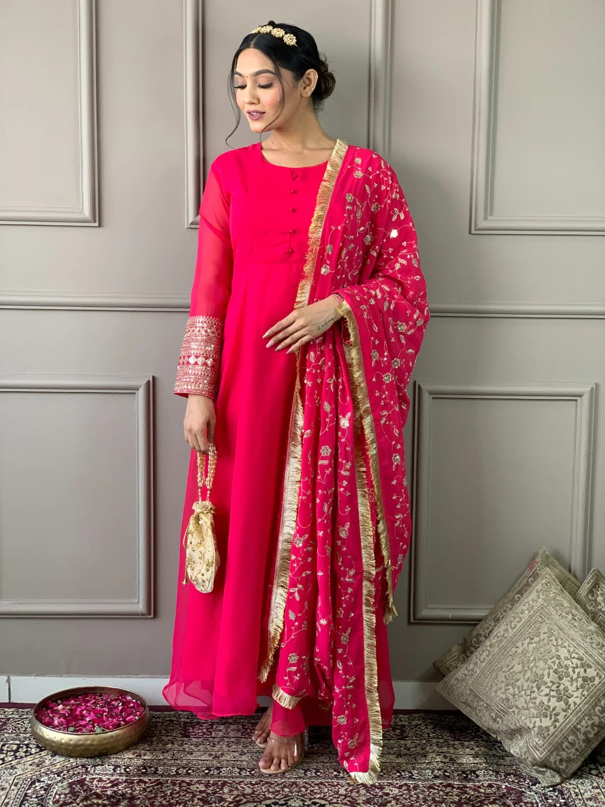 Women Party Wear Embroidery Worked Kurta With Pant And Dupatta Set ( Pink)Georgette