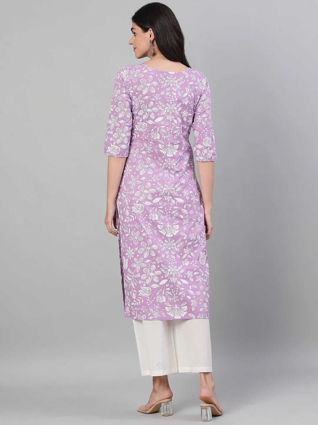 Women Lavender Calf Length Three-Quarter Sleeves Straight Floral Printed Cotton Kurta With Face Mask