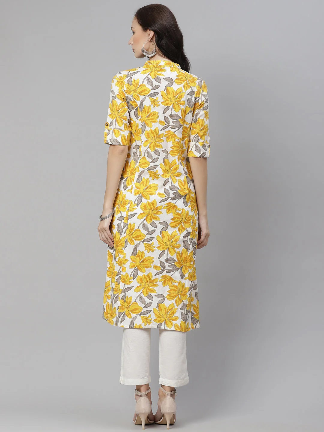 Women's Yellow Floral Print Pure Cotton A-line Kurta