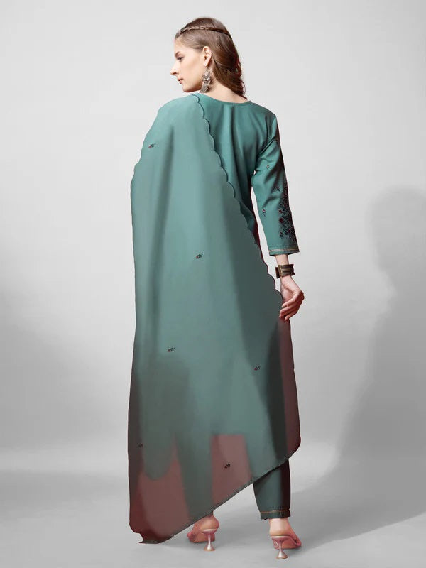 Womens Teal Embroidered Cotton Blend Kurta Pant Set With Dupatta