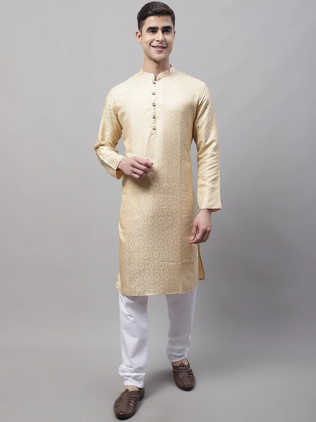 Men Ethnic Beige Woven Design Kurta With Pyjamas