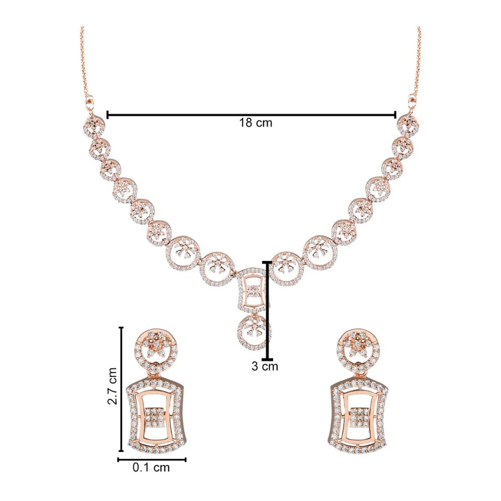 Stylish Rose Gold Plated Cubic Zirconia American Diamond CZ AD Necklace Jewellery Set For Women & Girls