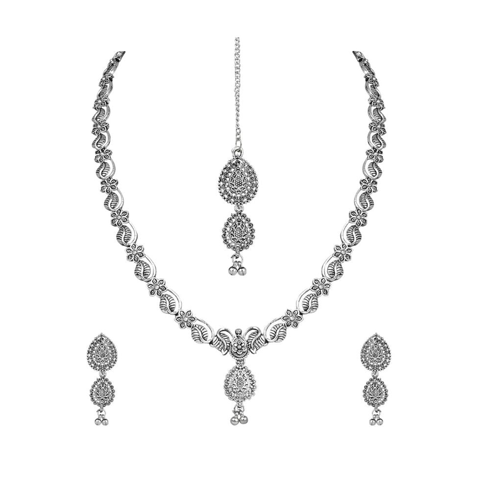 Navratri Ethnic Silver Oxidised Floral Design Ghungroo Long Necklace Jewellery With Jhumka Earrings Set For Women/Girls