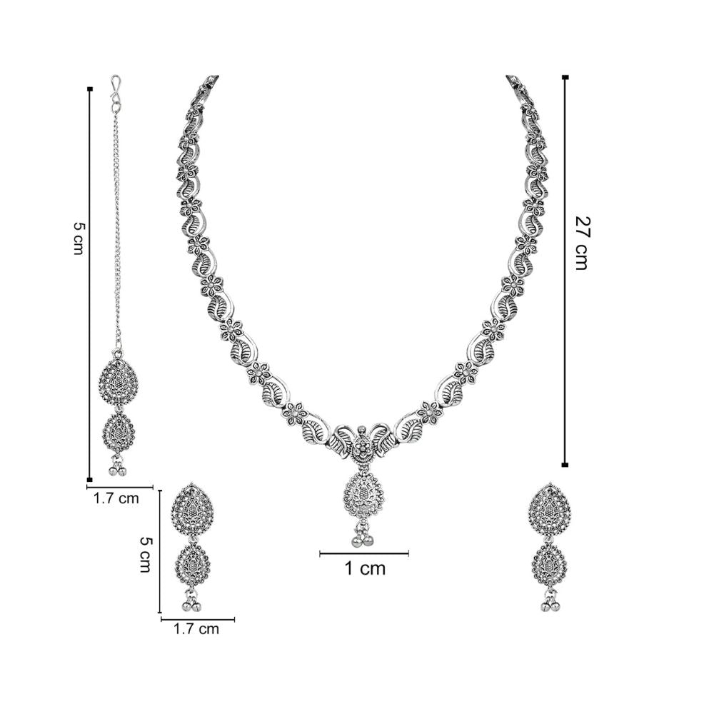 Navratri Ethnic Silver Oxidised Floral Design Ghungroo Long Necklace Jewellery With Jhumka Earrings Set For Women/Girls