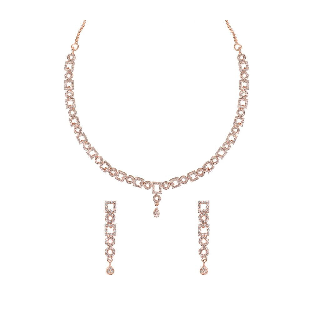 Stylish Rose Gold Plated Cubic Zirconia American Diamond CZ AD Necklace Jewellery Set For Women & Girls