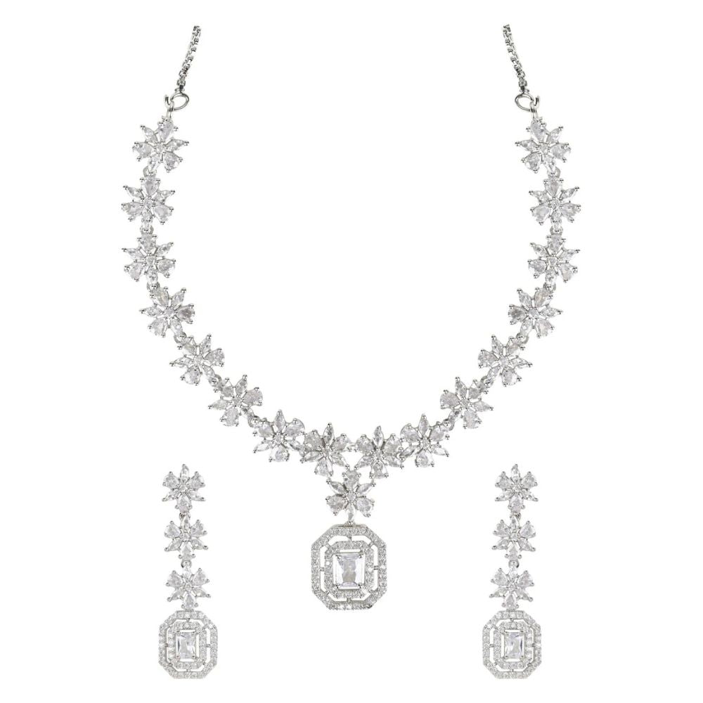 Stylish Silver Plated Cubic Zirconia American Diamond CZ AD Necklace Jewellery Set For Women & Girls( Silver)
