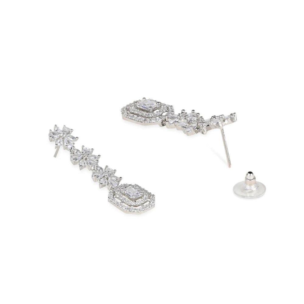 Stylish Silver Plated Cubic Zirconia American Diamond CZ AD Necklace Jewellery Set For Women & Girls( Silver)