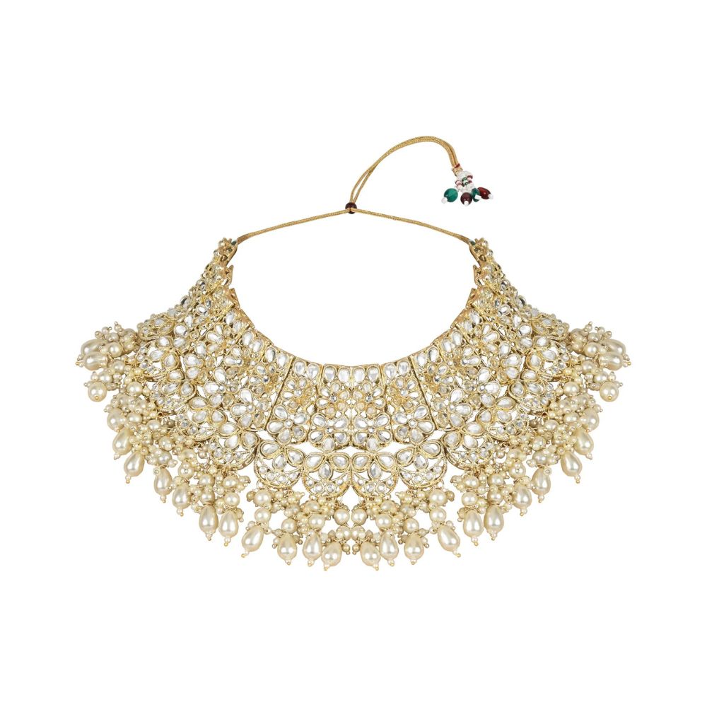18k Gold Plated Traditional Pearl Kundan Studded Floral Bridal Choker Necklace With Earring Maang Tikka & Finger Ring Set For Women And Girls