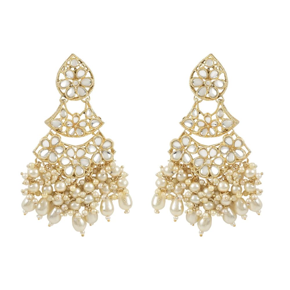 18k Gold Plated Traditional Pearl Kundan Studded Floral Bridal Choker Necklace With Earring Maang Tikka & Finger Ring Set For Women And Girls