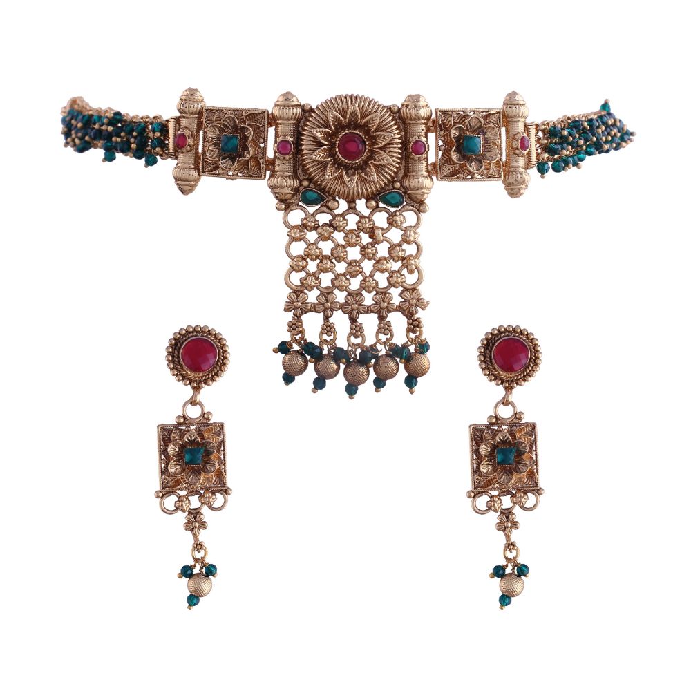 18K Gold Plated Traditional Brass Pearl Choker Necklace With Earrings for Women/Girls