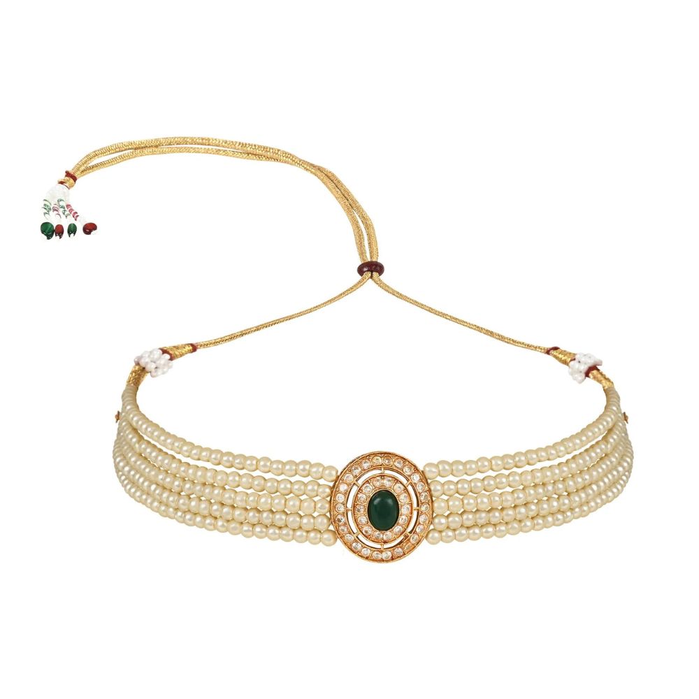 18K Gold Plated Traditional Handcrafted Stone Studded Pearl Choker Necklace Jewellery Set With Earrings For Women And Girls