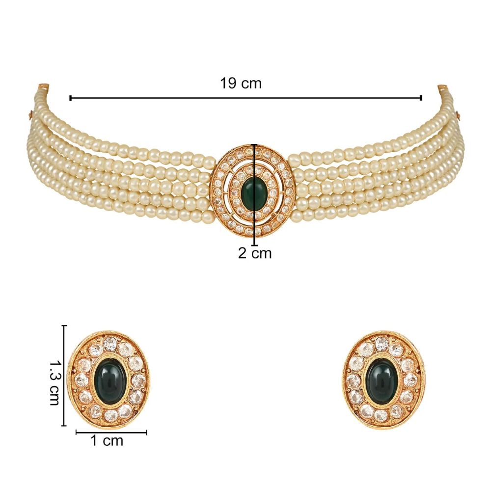 18K Gold Plated Traditional Handcrafted Stone Studded Pearl Choker Necklace Jewellery Set With Earrings For Women And Girls