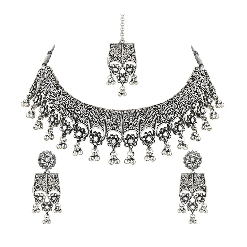 Navratri Ethnic Silver Oxidized Traditional Afghani Choker Necklace Jewellery Set for Women
