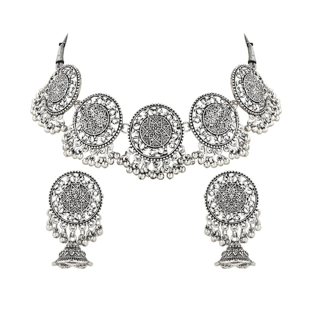 Navratri Ethnic Silver Oxidized Traditional Afghani Choker Necklace Jewellery Set for Women (Oxidised)