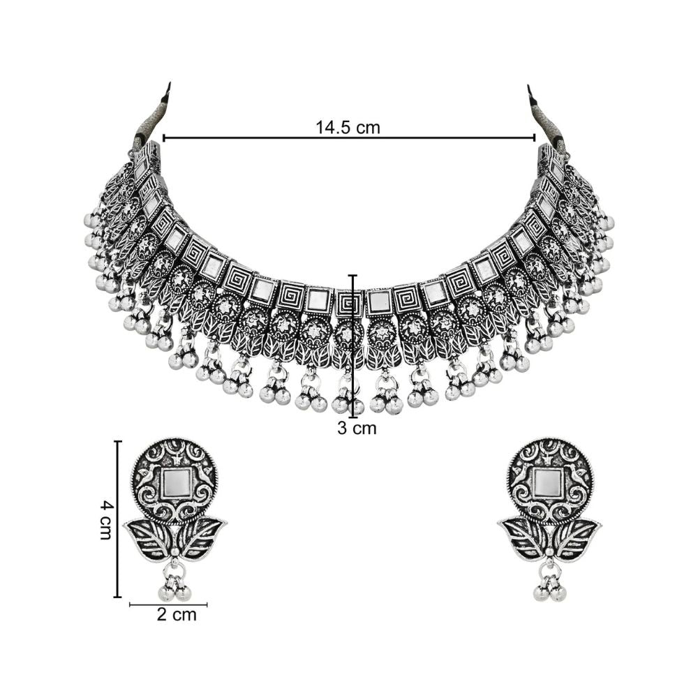 Navratri Ethnic Silver Oxidized Traditional Afghani Choker Necklace Jewellery Set for Women